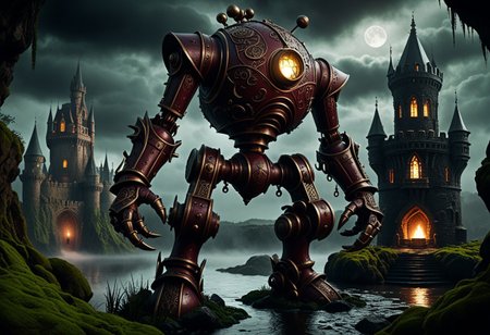 giant bipedal robot dirty dark red and dark green, bronze paisley robot. lacy robot metal kettle head. outside of a steampunk keep. large detailed torso. dark image. one forty foot tall ancient robot with great arms and two heavy spring legs. dark foggy night background. $dark foggy night image only. dark photo realistic image. steampunk details. cogs, chains and pipes incorporated in the fantasy buildings. magic wizards tower in background. Dark swamp, moss, castle ruins, wizards tower. stormy dark night.  stormy sky.