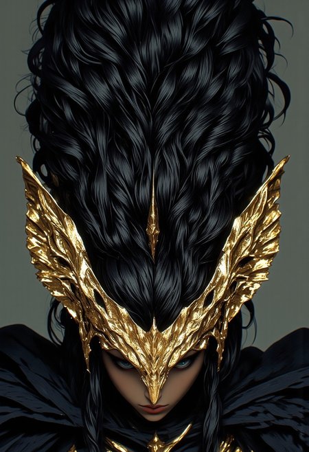 "A woman's face under a coarse mop of black hair."
