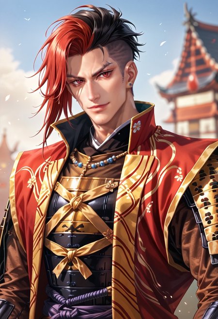 score_9,score_8_up,score_7_up,Masterpiece,Top Quality,Strong Man,Red Hair,Black Hair,Multi-Colored Hair,Evil Look,Short Hair,Shaved Sides,Long Side Bangs,Pale Skin,Red Eyes,Layered Hair,Black T-Shirt,Long Jacket <lora:Castlevania_Style_Pony:0.7> male,seductive smile,wide smile,masculine face,long haircut,mohawk,open shirt,muscles,armor,jinbaori,japanese armor.