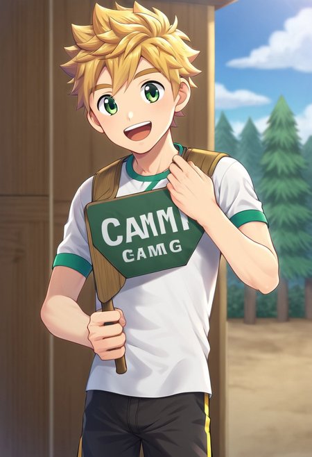 connor, blonde hair, bangs. green eyes, spiky hair, short hair, camp buddy, boy, solo, young, medium build body, happy expression, wear white tight shirt, wear black shorts, holding a sign that says "give me buzz to create more model"