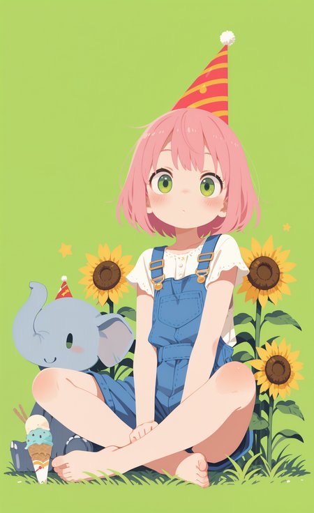 masterpiece,best quality,amazing quality, 1girl, solo, looking at viewer, blush, short hair, dress, hat, sitting, green eyes, flower, food, pink hair, barefoot, star \(symbol\), bare legs, grass, yellow flower, ice cream, sunflower, overalls, indian style, field, flower field, ice cream cone, bear, party hat, elephant, green background, simple background, haiz_ai, no lineart,no outline,
negative space <lora:ponyv6_noobE11_2_adamW-000017:0.3> <lora:MeMaXL4:0.8> <lora:negative-space:0.8> <lora:veluflora-wai:0.4> <lora:haiz_ai_illu:0.7>