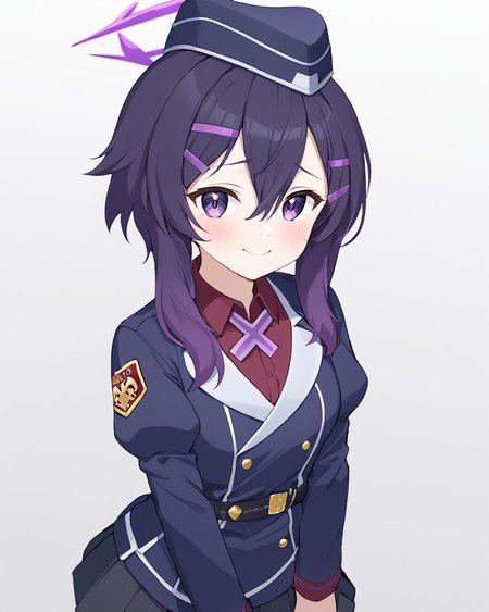 haruka \(blue archive\),1girl, hairclip, solo, garrison_cap, halo, white_background, blush, looking_at_viewer, simple_background, red_shirt, juliet_sleeves, pleated_skirt, heart, smile, purple_jacket, military, military_uniform, collared_shirt, closed_mouth, purple_headwear
<lora:haruka_(blue_archive)_image830_2023-11-26-000015:1>halo. gorgeous,key visual, vibrant, studio anime,award-winning, professional, highly detailed,high budget, cinemascope