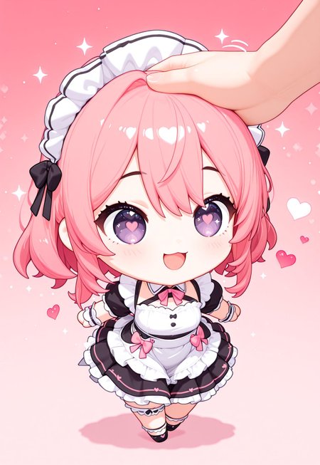 masterwork, masterpiece, best quality, hyper-detailed, 8k uhd, 1girl,solo, CivChan, pink hair, purple eyes, maid, (hearts, sparkles:1.5), pink background, :D, quality: masterpiece, extremely aesthetic, highly detailed, Chb3Hi3, (chibi:1.5), 3d, headpat