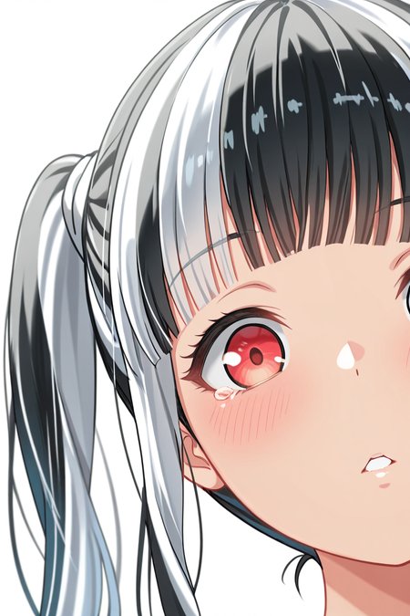 masterpiece, best quality, amazing quality,
 <lora:PAREO_IL:1> pareo, 1girl, solo, black hair, multicolored hair, white hair, red eyes, white background, bangs, looking at viewer, blush, simple background, two-tone hair, portrait, blunt bangs, twintails, parted lips, close-up, onstagesk