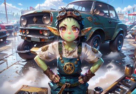 score_9, score_8_up, goblin female, green skin, black hair, s3m1sh4v3d, pony tail, yellow eyes, cat eyes, elf ears, shark teeth, 1girl, Goblin, dirty,

eyesHD, high gradient eyes, detailed eyes, high definition eyes, NEGATIVE_HANDS,

overalls, tool belt, 

steam punk, G4rage, steampunk car,

 BREAK (standing, hands on hips, pov from above)