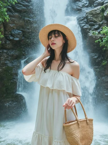 There are wonderful studio lights and various reflections,
18yo beautiful cute girl with blushing and female orgasm.skin naturally showing the texture of blood vessels and detailed pale skin,
--,
<lora:Nakajo_Ayami_f1:1>,she is Nakajo Ayami,
(Ruffled_off-the-shoulder_dress:1.5),(Straw_hat:1.4),(Basket_woven_bag:1.3), Ultra wide-angle lens photography,A huge waterfall flowed down from the clouds. She was washed by the powerful water flow,her whole body was wet,and water splashed everywhere. She closed her eyes,calm and relaxed. The water splashed on her body and bounced,causing light to reflect. The water droplets outlined her sexy and graceful body curves.,, #å¤©éçå¸