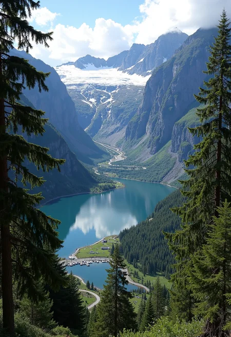 create a highly detailed, high resolution photo of a mountain glacier overlooking a breathtaking Norwegian fjord. Beautiful large conifers line the majestic lake, which outlets to a small river winding down the landscape. <lora:flux.1_lora_flyway_Epic-detail_v2:0.8>