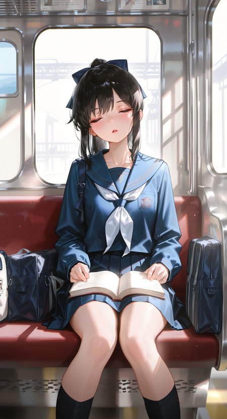 masterpiece, best quality, Good quality, very aesthetic, absurdres, newest, 1girl, bag, bag on lap, black hair, black socks, blue sailor collar, blue serafuku, blush, book, bow, collarbone, feet out of frame, hair bow, light rays, long hair, long sleeves, neckerchief, open book, open mouth, parted lips, pink lips, pleated skirt, ponytail, railing, ribbon, sailor collar, school bag, school uniform, serafuku, sidelocks, sitting, skirt, socks, solo, sunbeam, sunlight, train interior, white neckerchief, winter uniform,dispersion (optics), Close eyes, lower your head slightly to one side,sleep, straight on, <lora:ponyv5_noobE11_1_adamW-000013:0.7> <lora:USNR_STYLE_XL_lokr:1>