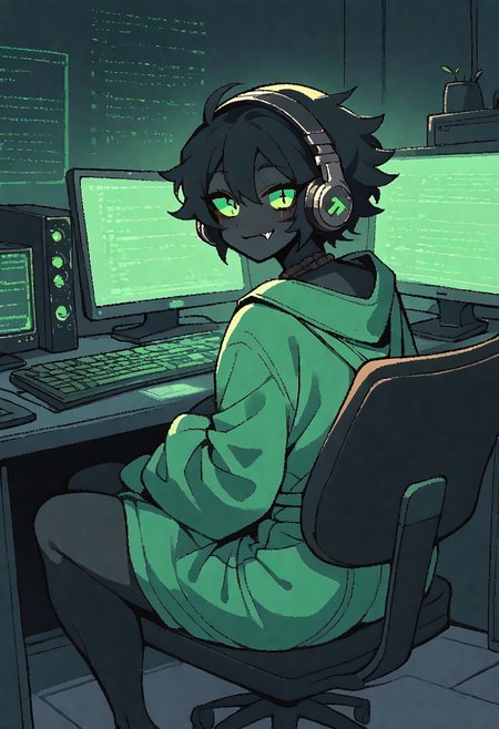 safe_pos, safe_pos, masterpiece, score_9_up, score_8_up, score_7_up, score_6_up, (best quality:1.1), ultra-detailed, high resolution, solo BREAK 1boy, Carne, black hair, green sclera, cute, girly, otoko no ko, black skin, body fur, looking at viewer, smile, fang, thick thighs, (round butt:1.0), green dress BREAK low light, c0mp, sitting, indoors, chair, computer, monitor, headphones, desk, from behind, 1keyboard, dark room BREAK Highly Visible, sharp focus, perfect lighting, anatomically correct, extremely detailed, high detail, Expressiveh, detailed background, OverallDetail, zPDXL3