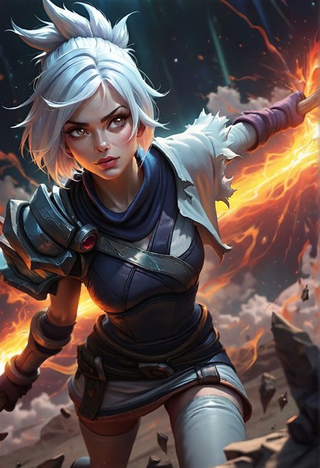 photorealistic, real aesthetic, masterpiece, high quality, Riven, (League of Legends), action shot, outerspace background, shallow depth of field, detailed background, dynamic angle, volumetric lighting, high resolution
