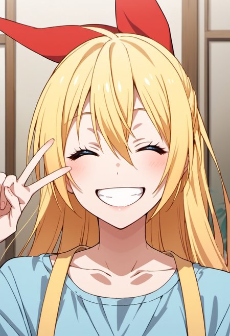 score_9, score_8_up, score_7_up, source_anime,chitoge kirisaki, blonde hair, long hair, blue eyes, 1girl, solo, closed eyes, smile, v, grin, collarbone, ribbon, hair between eyes, red ribbon, hair ribbon