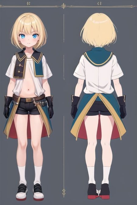 anime, girl, blonde, short hair, short shorts, short white shirt, shoes, gloves, blue eyes, simples, blackground, belly, model sheet, chara-sheet, flat shadows, medieval fantasy,