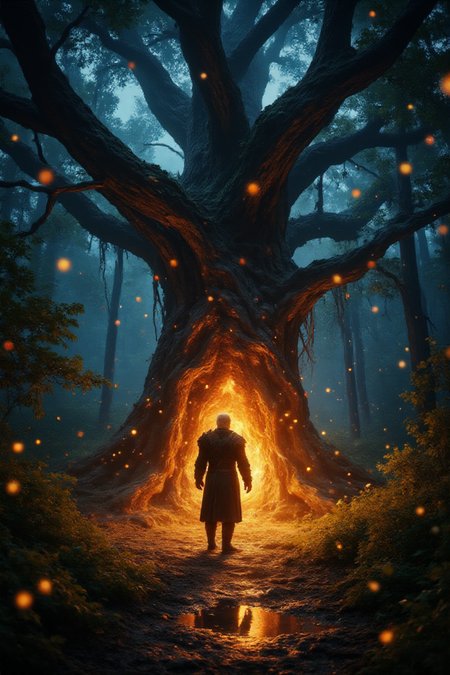 A magnificent, ancient, fire-enchanted tree with a middle-aged, light-skinned male figure, standing reverently in its fiery glow.  The man, possibly a warrior, is dressed in dark, medieval-style, dark gray and black clothing. He displays a contemplative, focused pose, his gaze directed towards the fiery heart of the tree. His expression evokes reverence and intense focus, and slight stoicism.  Subtle details in his attire suggest intricate craftsmanship and robust, durable fabrics.  The tree's roots are deeply rooted in the forest earth, and fiery energy emanates from within its core.  Surrounding the tree are glowing fireflies illuminating the dark, moody forest floor. Bright, golden-orange and vibrant, electric blue hues surround the tree, accentuating its majestic aura.  The ground is wet with shallow pools reflecting the light, highlighting the forest's serene atmosphere in the mystical night. Shadows are deep and dramatic, contrasting with the intense light emanating from the tree.   Nature is rendered in a detailed style, with intricate textures, meticulously portrayed glowing foliage and branches. The overall feel is one of mystical awe and enchanted serenity.  The composition is a full shot, featuring a rear perspective view of the man, drawing attention to the magnificent tree.  The style suggests fantasy art with a touch of realism, capturing a captivating scene ripe with lore and adventure.  Mystical, epic fantasy.
 <lora:42lux HighResFix:1> <lora:Flux.1_Turbo_Detailer:1> <lora:flux_realism_lora:1> <lora:lora:1>