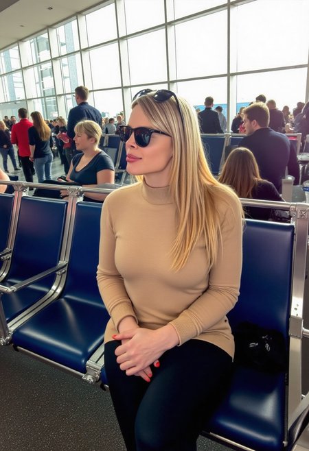 Photo of a gorgeous blonde bimbo sitting in a crowded airport. She is wearing wayfarer sunglasses on her head, a beige turtleneck sweater, and black leggings. She has very straight hair.