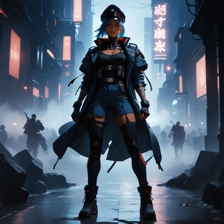 (score_9, score_8_up, score_7_up, masterpiece, , best quality, high quality, highres, cinematic shot, thick lineart, sharp edges, cel shading, linear hatching, neon lights, cyberpunk ctiy, panorama), BREAK dutch angle, full body, 1women, dark-skinned female, solo, long blue hair, red eyeliner, (cyborg, cybernetic neck, bionic torso, bionic skin:1), military uniform, tactical clothes, tactical bodysuite, military hat, short cape BREAK military soldiers in the background <lora:add-detail-xl:0.8> <lora:Perfect Hands:0.8> <lora:Concept Art Twilight Style SDXL_LoRA_Pony Diffusion V6 XL:0.8> <lora:Expressive_H:0.8> <lora:sinfully_stylish_SDKL:0.8> <lora:zavy-cntrst-sdxl:0.6>