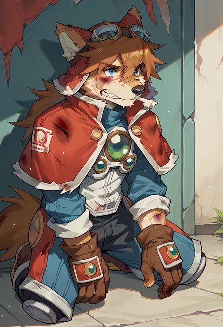 score_9, score_8_up, score_7_up, high res, best quality, red_savarin_solatorobo, furry, goggles, solo, 1boy, blue eyes, brown hair, capelet, gloves, injured, bruised, beaten up, kneeling, <lora:Red_Savarin_Solatorobo:1>