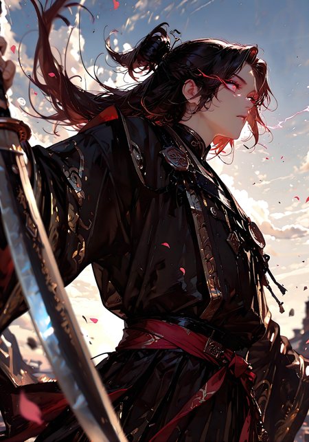 masterpiece, best quality, good quality, very aesthetic, absurdres, newest, 8K, depth of field, focused subject, visual storytelling, dynamic composition,
stylized, scenery, bokeh, blurred background, 
Black Myth Wukong, 1boy, solo, monkey king, Kael Vireon,
chinese mythology, (dynamic pose:1.3), eye-trails, fighting-stance, eye trail, zone-eyes, high speed motion, intense action shot, 
"dark glowing" black long knife,
upper body focus,
storm aura, divine energy, long flowing sash, ancient armor, windblown hair, dramatic sky, celestial clouds, mythic scale, sakura petals, cinematic composition, backlighting, volumetric light, storytelling scene, symbolic environment, god-tier illustration,(sketch:1.3), in the style of cksc, 