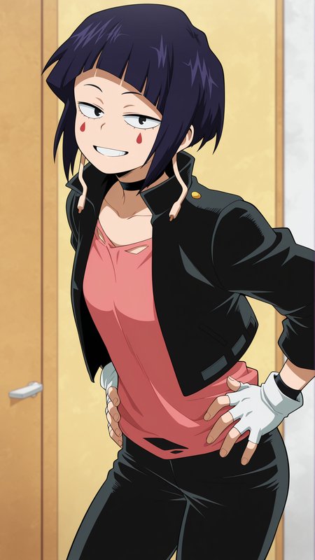 masterpiece, best quality, absurdres, amazing quality,  1girl, solo, <lora:IlluJirou:1> illujiro, short hair, bangs, long earlobes, purple hair, black hair, black eyes, facial mark, black jacket, collarbone, choker, white gloves, fingerless gloves, pants, pink shirt, looking at viewer, grin, hands on own hips,