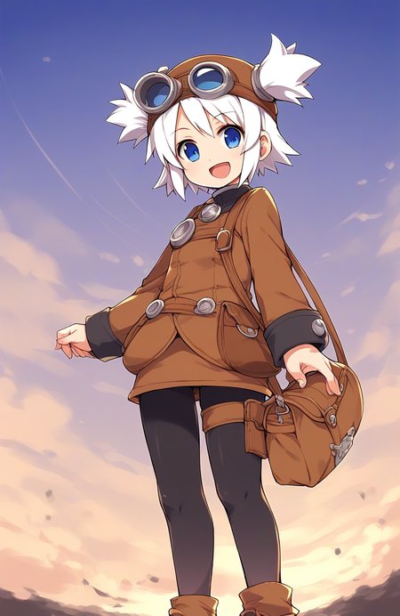 score_9, score_8_up, score_7_up, source_anime, rating_explicit, BREAK  <lora:Pratty_XL:1> Pratty, blue eyes, short hair, goggles, white hair, short twintails, hair through headwear, brown headwear, 
1girl, solo, pantyhose, full body,  open mouth, smile,  tachi-e, black pantyhose, long sleeves, bag, skirt, short twintails, looking at viewer, standing, blue eyes, thigh strap, :d
standing, cowboy_Shot
outdoor, sky,
