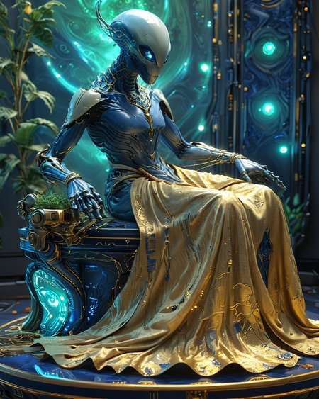 cyborg bioengineered alien genie  lounging on a dais, organic bioluminescent patterns, volumetric lighting, gold robe, emerald, indigo, <lora:add-detail-xl:1.0>,  <lora:xl_more_art-full_v1:0.4>,   <lora:XSfenlie:1> fenliexl,   <lora:lora:1>