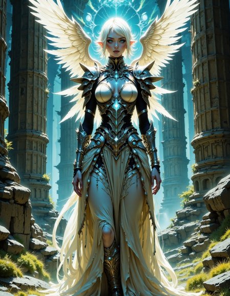 This is a highly detailed photograph, featuring a regal, ethereal woman with a striking, otherworldly appearance. She stands at the center of the image, captured from a slightly low angle that emphasizes her powerful presence. The woman has a pale, almost luminescent skin tone and short, platinum blonde hair, adorned with large, white, feather-like wings that extend dramatically from her head. Her eyes are a piercing blue, adding to her enigmatic aura.
She is dressed in elaborate, ornate armor that blends seamlessly with her skin, showcasing intricate, tribal-like patterns and designs. The armor includes a form-fitting, high-necked top with a deep neckline, and a flowing skirt that is both majestic and functional. The armor's metallic sheen contrasts beautifully with the soft, golden glow of the ambient light, which bathes her figure in a divine radiance.
The background is a dilapidated, ancient ruin, with tall, weathered stone pillars and walls covered in moss and vines. The ruins are bathed in a soft, bluish light that filters through the cracks, creating an eerie, mystical atmosphere. The lighting is expertly used to highlight the woman's figure, casting dramatic shadows and emphasizing her curves and the texture of her armor.
The composition follows the rule of thirds, with the woman placed centrally, drawing the viewer's eye directly to her.
<lora:VividlyReal:1>