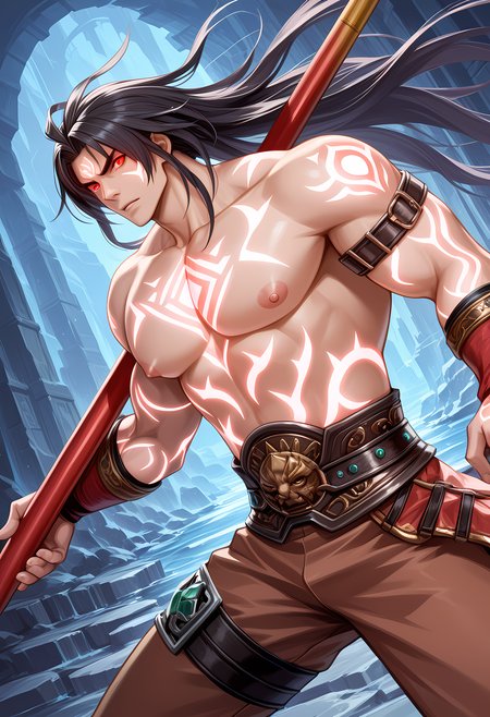 masterpiece, best quality, amazing quality, dutch angle, abstract background, BREAK
solo, male focus, sc_evilkilik, long hair, black hair, red eyes, glowing eyes, glowing tattoos, dvapara-yuga, topless, (big areola:1.2), brown pants, red polearm, weapon, BREAK
 <lora:cfg_scale_boost:.6>  <lora:Kilik_-_Soul_Calibur_-_ILXL:1>