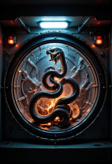 biomechanical style A hyper-realistic and intense scene of a snake appearing to emerge from a glowing digital screen, creating a 3D effect as if it is breaking into the viewer's space. The snake's head and part of its body are reaching out of the screen, its fangs exposed in an aggressive posture. The screen appears cracked and distorted at the edges where the snake is breaking through, with glowing fragments and electrical sparks adding to the dramatic effect. The background is dark, amplifying the sense of depth and realism.. cer1micsn1ke  <lora:FLUX_cer1micsn1ke_LoRA:1> <lora:aidmaFLUXpro1.1:0.32> aidmaabdhr <lora:aidmaAbadonedHorror:0.66> <lora:Mushroom_Portrait_Flux_v1:0.50> <lora:FLUX_Bizarredreams:0.80> <lora:FLUX_QVL_LoRA:0.60> <lora:FLUX_ga53oom_LoRA:1> ga53oom background . blend of organic and mechanical elements, futuristic, cybernetic, detailed, intricate
