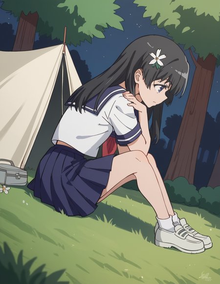 score_9, score_8_up, score_7_up, source_anime, <lora:saten-ruiko-s3-ponyxl-lora-nochekaiser:1>, saten ruiko, black hair, blue eyes, long hair, hair ornament, flower ornament,, blue skirt, pleated skirt, sakugawa school uniform, school uniform, serafuku, skirt, summer uniform,, camping, bonfire, tent, stargazing, marshmallows, forest clearing, night, , , foot forward, hand on shoulder, elbow out, solo,, cowboy shot, dutch angle