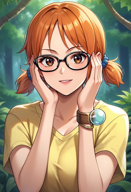 score_9, score_8_up, score_7_up, score_6_up, score_5_up, score_4_up, namiskypiea, 1girl, yellow shirt, orange hair, short twintails, brown eyes, rimless eyewear, logpose, bracelet, looking at viewer, source_anime, forest background, <lora:NamiSkypiea_v3_1:1>