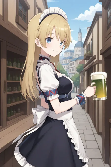 masterpiece, best quality, alicegear_genie_ilxl  <lora:alicegear_genie_ilxl:0.9>1girl, solo, maid, apron, from side, cowboy shot , blonde hair, smile, blue eyes, holding, green beer mug, looking at viewer, outdoor, city