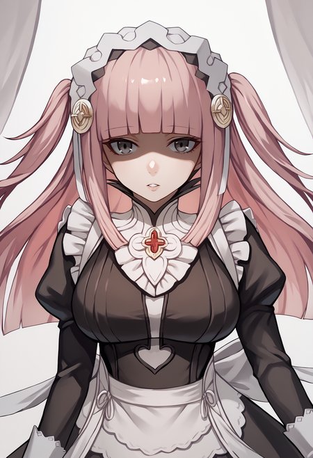score_9, score_8_up, score_7_up, source_anime BREAK 1girl, solo,  <lora:rhajat-fe-richy-v1_pdxl:1> rhjt, grey eyes, long hair, two side up, shaded face, parted lips, looking at viewer, blunt bangs, hair ornament, hairband, large breasts, <lora:fatesmaid-fe-richy-v1_pdxl:1> pink hair, fates maid, maid headdress