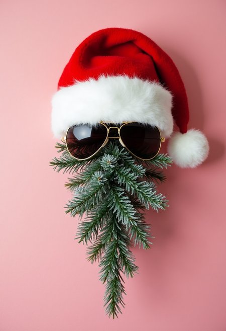 Main Subject:

The main subject of the image is a playful representation of Santa Claus using a Christmas tree, aviator sunglasses and a Santa hat. The tree, positioned upside down, forms a "beard" for the hat, creating a whimsical and festive image.

Composition:

The composition is simple, direct, and highly effective. The Santa hat is positioned above the upside-down tree, creating a clear visual connection between the two elements. The vertical arrangement suggests a sense of height and evokes the image of a standing figure. The use of negative space around the objects emphasizes their forms and creates a sense of openness.

Colors and Tones:

The color palette is cheerful and festive. The bright red of the Santa hat provides a vibrant contrast against the soft pink background. The green of the Christmas tree adds a touch of nature and freshness. The white trim on the hat and the subtle hints of "snow" on the tree create a sense of lightness and winter.

Technique:

The image appears to be a photograph or a digital illustration. The photographer/artist has used careful lighting to create a soft and even illumination on the subjects. The shallow depth of field blurs the background, isolating the hat and the tree and drawing the viewer's attention to them.

Palette:

The color palette is limited but effective. The use of vibrant red, soft pink, and cool green creates a sense of cheerfulness and festivity. The white accents add a touch of brightness and purity.

Small Details:

The texture of the fur on the Santa hat and the "snow" on the tree add visual interest and create a sense of realism.
The slight tilt of the hat adds a touch of playfulness and dynamism to the composition.
The overall simplicity of the image allows the viewer to focus on the festive elements and their playful arrangement.
Overall, this image is a captivating and playful piece. The clever juxtaposition of the Santa hat and the upside-down Christmas tree creates a humorous and whimsical representation of Santa Claus. The simple composition and the cheerful color palette make this image a memorable and engaging work.