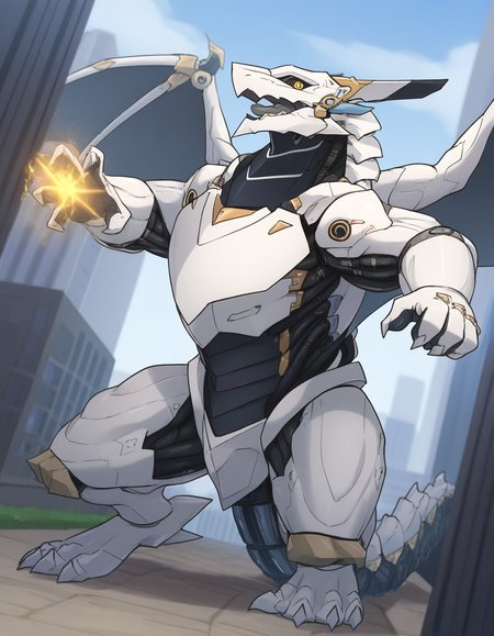 1boy, solo, western dragon, robot, wiring, feral, muscular male, action pose, (holding magic), magic user, white body, white belly, (monotone body, (black wire)), looking at viewer, yellow eyes, [tail, membranous wings, grey tongue, black sclera, pupils], 5 fingers, 4 toes, city, outdoors, day, fa11, (masterpiece, best quality, very aesthetic, amazing quality), absurdres, highres