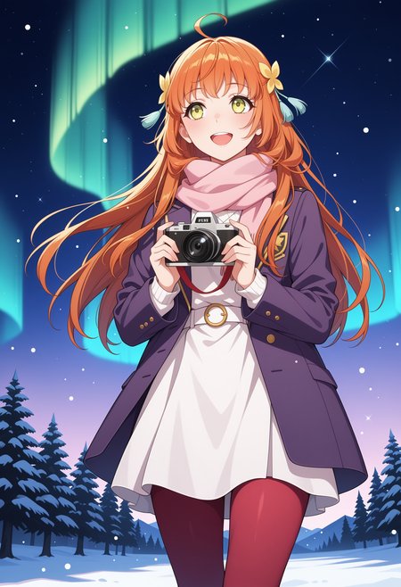 masterpiece,best quality,1girl, long hair, orange hair, green eyes, ahoge, hair flower, 
upper teeth only, looking away, standing, holding camera,pink scarf, purple jacket, open jacket, white sweater, red pantyhose, outdoors, night, starry sky, star (sky), aurora, snowing, smile, <lora:kohana_aigasaki_meipaws:.9>,  <lora:NoobV065sHyperDmd:.5>,