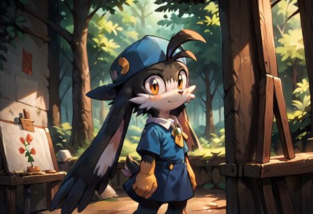 score_9, score_8_up, score_7_up, score_6_up, score_5_up, score_4_up, <lora:Klonoa_Character_PonyXL:0.8> ,  Klonoa, two long ears, fur, anthro, Klonoa, g5, rich colors, forest operations, forest, thicket, communal appearance , presents a painting of rabbits and pony, aroused, front view, detailed background, detailed, 8k quality, side view, beautiful, teasing, easel and brushes, leaned to the floor, freely actions, dress,