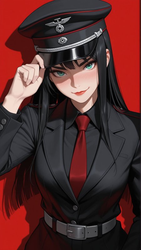 1girl, portrait, <lora:add-detail-xl:1>,
masterpiece,best quality,
long hair, black hair, straight hair, emerald eyes, detailed eyes, red lips, closed mouth, nose blush, thick eyebrows, military style cap, sleek cap, black cap, black suit, black blazer, black shirt, red necktie, adjusting cap with one hand, black belt, silver belt buckle, black  pants,
confident expression, intense gaze, dramatic lighting, shadows, smirk, deep red background, high detail illustration, modern, stylish aesthetic, striking composition, blod composition, 
looking at viewer, facing viewer, cowboy body shot