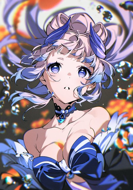 masterpiece, best quality, <lora:yoneyama-a31:1>,yoneyama mai, 1girl, solo,sangonomiya kokomi (genshin impact ),sangonomiya kokomi, hair ornament,open mouth, bubble, air bubble, upper body, looking at viewer, floating hair, looking up, eyelashes, parted lips, bangs, water,  submerged, blurry, multicolored hair,purple hair, long hair,japanese clothes, underwater,chromatic aberration, bare shoulders, choker,cleavage,