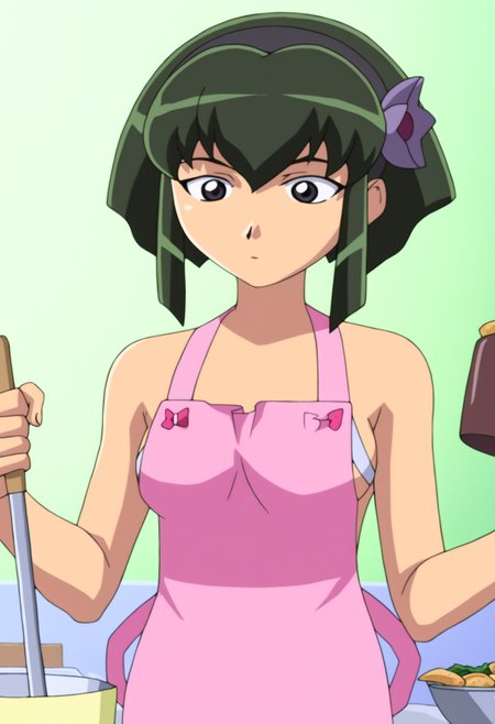 high quality, newest, hires, 
barnette orangello, 1girl, solo, breasts, short hair, bangs, hair ornament, holding, flower, sidelocks, hairband, food, green hair, hair flower, black eyes, apron, cooking, sake bottle