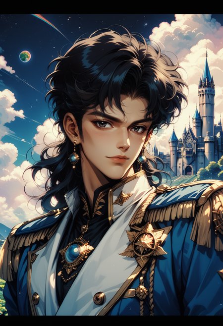 (score_9, score_8_up), score_7_up,
looking at viewer, black hair, 1boy, jewelry, upper body, male focus, earrings, sky, cloud, black eyes, wavy hair, moon, letterboxed, star (sky), epaulettes, gakuran, rainbow, planet, castle, retro  <lora:nostalgia-000011:0.5>