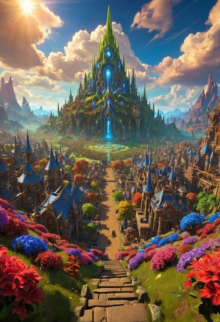 (masterpiece:1.5), unreal 8k wallpaper, unity 8k wallpaper, score 9, score 8 up, score 7 up, masterpiece_portrait, extreme quality, reflection, surface reflection, dynamic lighting, Cinematic style, cinematic quality, ((no humans, no people)), photorealistic, realistic, a spectrum of iridescent colors, precise, fractal design, flowing curves, precision, colorful, fractal geometry, harmonic interference, digital illustration, photo manipulation, altered realities, fantastical scenes, digital artistry, striking visuals, sharp focus, detailed background, light reflection, mythic, fantasy, A huge open valley in Warcraft, in the center of the valley is (massive Warcraft City), the (massive Warcraft City) has been here for a very long time, strange alien foliage has started to grow over it, when  this (massive Warcraft City) was built no one knows it has long been forgotten, beautiful blue skies majestic clouds, strange alien trees dot the landscape, in the sky you can see a massive moons is all inspiring and a little frightening, the valley is also covered in beautiful multicolored flowers and multicolored trees, no life can be seen anywhere, 3D, metallic reflection, massive Warcraft City, the vast World of Warcraft,