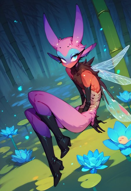 score_9, score_8_up, score_7_up, score_6_up, dark faerie, flying at night, beautiful face, heavy black boots, highly detailed, blue lotus blossom, bamboo, insect wings, monster boy, cyan and magenta, colored skin, soft fur