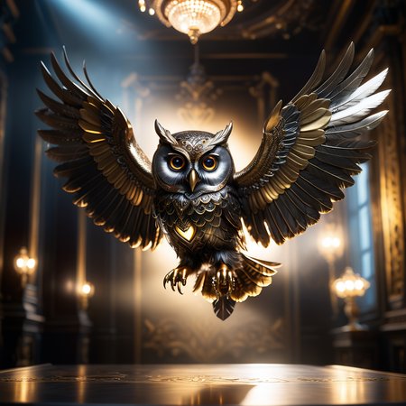 steampunk owl, (flying at viewer:1.1), brightly glowing eyes, brass, silver, metallic feathers, dark ornate room,
hyperrealistic, 32k, (((masterpiece))), (((ultimate quality))), photorealistic, epic composition, film grain, bokeh, cinematic lighting, 
<lora:add-detail-xl:1.1>
 <lora:steampunk_xl_v2:0.4>
 <lora:xl_more_art-full_v1:0.3>
 <lora:zavy-cntrst-sdxl:0.4>