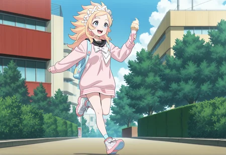 speed lines, anime screencap, anime coloring, anime screenshot, 1girl, blonde hair, long hair, spiked hair, blue eyes, hair ornament, serafuku, pink sweater, outdoors, walking, starry eyes, smile, upper teeth only, happy, walking, one leg up, sneakers, holding ice cream cone,  <lora:bubuki_blonde:1>, masterpiece, best quality, amazing quality, very aesthetic, absurdres, highres, newest