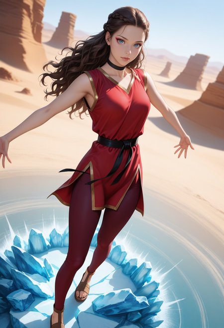 depth of field, focused subject, dynamic angle, dynamic pose, best quality, detailed eyes, perfect eyes, realistic eyes, dark brown hair, long hair, wavy hair, braided hair, hair loop, blue eyes), ((full lips)), makeup, slim body, slim legs, black belt, brown sandals, black choker, small ass, medium breast, realistic breast, (red sleeveless tunic), gold trim, fitted waist, (maroon leggings), BREAK, stretching arms up, front view, looking at viewer, movie perspective, (water transforming into ice), desert field, (frozen floor), abstract background, dynamic light,
