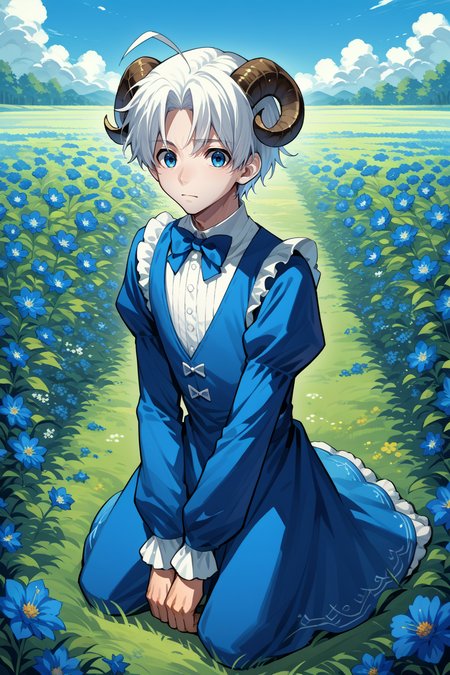 score_9,score_8_up,score_7_up, source_anime, solo, 1boy, <lora:NSHisaoKatawa:1> NSHisaoKatawa, blue eyes, white hair, short hair, ahoge, blue dress, sheep horns, flower field, blue flowers, kneeling, bowtie, frills, puffed sleeves