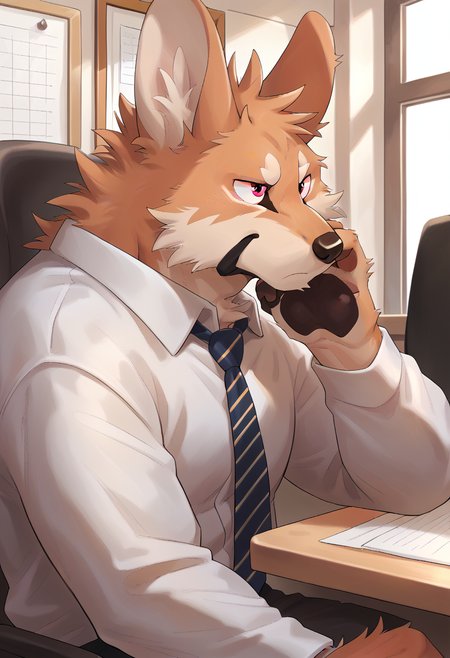 score_9, score_8_up, score_7_up, high quality, hires, by tupidwithouts, 1boy, solo, furry, dingo, orange eyes, muscular, bara, detailed background, office, sitting, close up, <lora:TupidwithoutS_style:1.2>