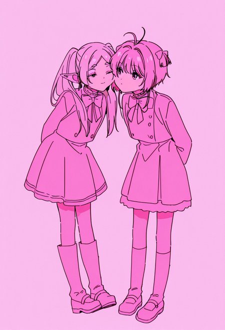 score_9_up score_8_up score_7_up, source_anime,High resolution, clear, 4K
Frieren(\Sousou no Frieren\),Kinomoto_Sakura，Hands facing each other, cheek to cheek, simple background, looking at the audience,full body