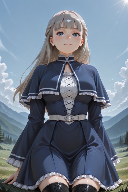 masterpiece, best quality, amazing quality, 1girl, solo, makeup, general, looking at viewer, cowboy shot, blush, sunlight, nature, hill, sit on grass, on grass, drinking juice, lovely, smile, sky, cloud, (day), <lora:sousou_no_frieren_lawine:1>, sousou_no_frieren_lawine, long hair, straight hair, grey hair, blunt bangs, blue eyes, breasts, long sleeves, wide sleeves, frilled sleeves, blue dress, frilled dress, blue capelet, frilled capelet, french braid, cross-laced clothes, white belt, zettai ryouiki, thighhighs, boots, white footwear, <lora:wai-2Rectified-V140:1>, <lora:Illustrious_-_Refiner:1>