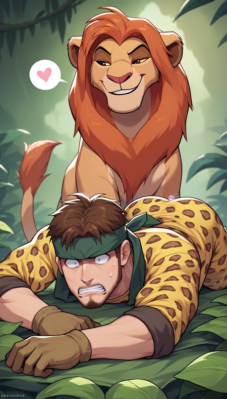 score_9, score_8_up, score_7_up, source_cartoon, outdoors, jungle
BREAK  the lion king, simba, lion, walking, smug, smile, spoken heart, heart
BREAK <lora:solidsnake-pdxl-nvwls-v1:0.9> man, solo, solidsnake, brown hair, beard, facial hair, headband, [grey bodysuit:(leopard print, animal print), yellow bodysuit, yellow pajamas:0.1], gloves, mature male, crawling, prone, teardrop, sweatdrop, hiding, sneaking, face down,  spoken exclamation, on stomach, facing viewer, ass, top-down bottom-up, scared, terrified, surprised, clenched teeth