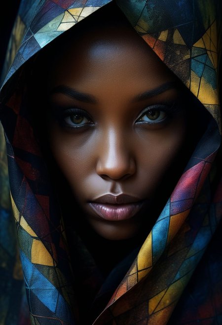 Close-up face, mysterious silhouette of an exotic coloured woman in worn down cape, goddess, alluring, by Minjae Lee, Carne Griffiths, Emily Kell, Steve McCurry, Geoffroy Thoorens, Aaron Horkey, Jordan Grimmer, Greg Rutkowski, amazing depth, double exposure, surreal, geometric patterns, intricately detailed, bokeh,  perfect balanced, deep fine borders, artistic photorealism , smooth,  great masterwork by Suiras  <lora:add-detail-xl:2>  <lora:Double_Exposure:0.5>